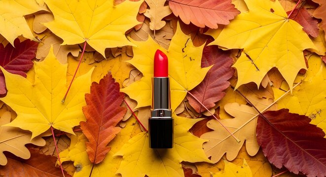 A creatively reimagined version of single red lipstick surrounded by golden autumn leaves, top view, warm tones, emphasizing style, visual interest, and refined wording.