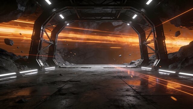 High resolution digital rendering of a sci fi hangar frame overlooking an asteroid field with glowing orange particle streaks. Ideal for space exploration banners and science fiction art.