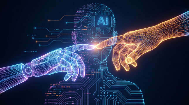Futuristic artificial intelligence concept with glowing wireframe robot and human hands touching fingers