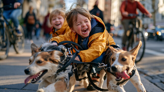A child tugs two energetic dogs on leashes along a crowded urban sidewalk, a second kid partner shadowing closely in matching rain jacket, both laughing in an unposed moment amid commuters and cycli