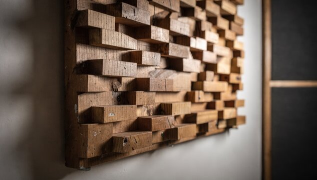 Dynamic medium shot capturing the textured surface of a QRD diffuser panel with the foreground crisp and background softly blurred illustrating sound diffusion.