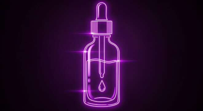 A clearer, modern reinterpretation of neon icon of a glass serum dropper bottle, filled with a glowing, luminescent purple liquid, styled for visual appeal.