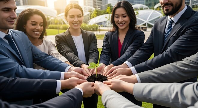 Diverse business team holding plant promoting growth and sustainability