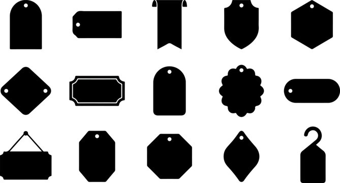 Set of various black blank price tag shapes and clothing labels isolated on a white background