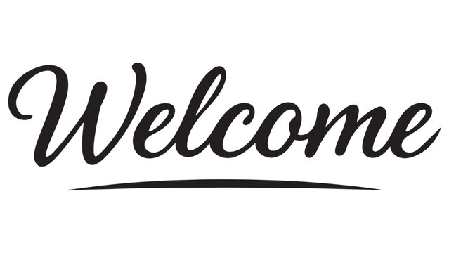 Elegant hand written cursive style text of the word welcome featuring a decorative underline isolated on a clean plain white background