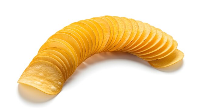 A creatively enhanced rephrasing of potato chips arranged in a graceful curve with golden highlights, isolated luxury white, depicted with richer detail and a more artistic presentation.