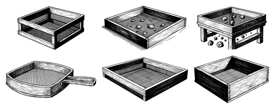 Wooden sifter trays and sieves for gold panning or archeology in vintage engraving style