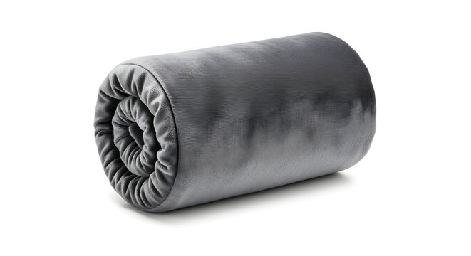 Travel neck pillow soft velvet luxury travel pillow, rolled neatly, isolated pure white background.
