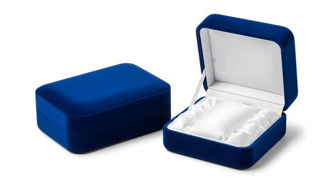 A clearer, modern reinterpretation of velvet jewelry gift box open and closed luxury jewelry box in deep royal color, satin interior, pure white background, styled for visual appeal.