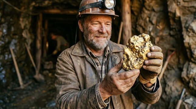 Prospector holding large gold nugget in mine.