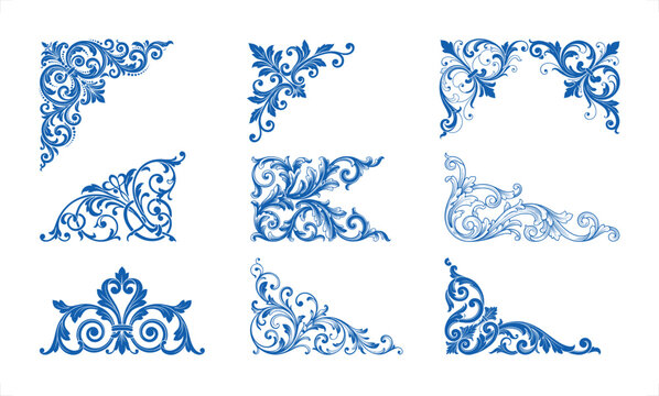 A collection of blue vintage floral corner ornaments and decorative flourishes with intricate scrollwork patterns on a white background