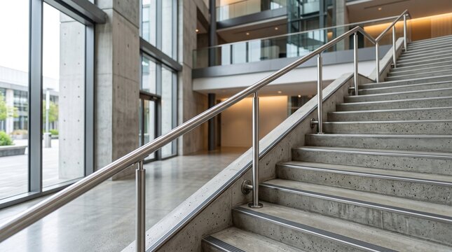Modern concrete staircase with metal railing in bright office lobby