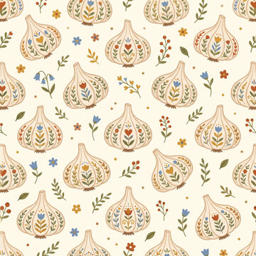 Folk Art Garlic Pattern: A charming seamless pattern featuring stylized garlic bulbs adorned with folk art floral motifs, scattered amongst delicate wildflowers and leaves.