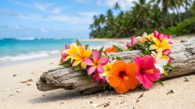 Beautiful hawaiian lei of flowers on driftwood at beach with palm trees and ocean.