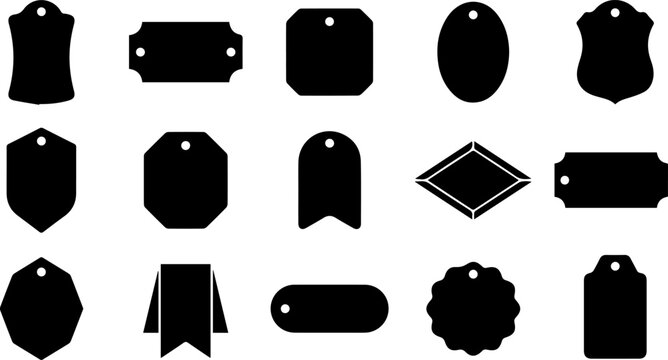 Set of various black silhouette price tags and blank labels for retail products and gift packaging designs