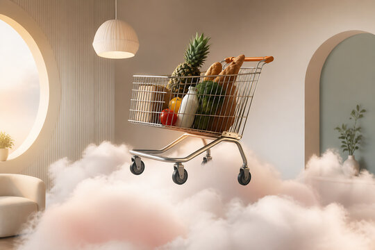 A shopping cart filled with groceries floats above pink clouds in a modern, bright interior setting.
