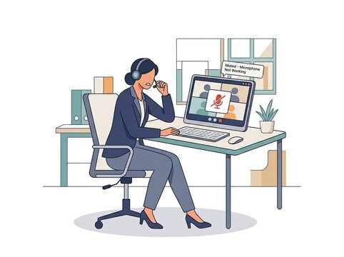 Stressed woman sitting at a desk with a computer, experiencing technical difficulties during a conference call with a muted microphone