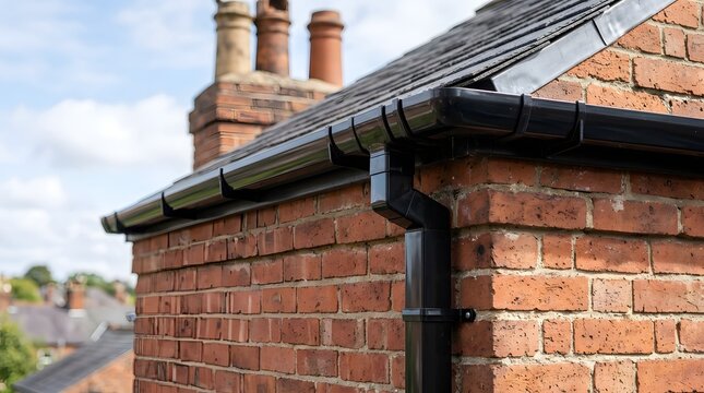Black plastic gutter system installed on red brick house roof with clay chimney stacks top.
