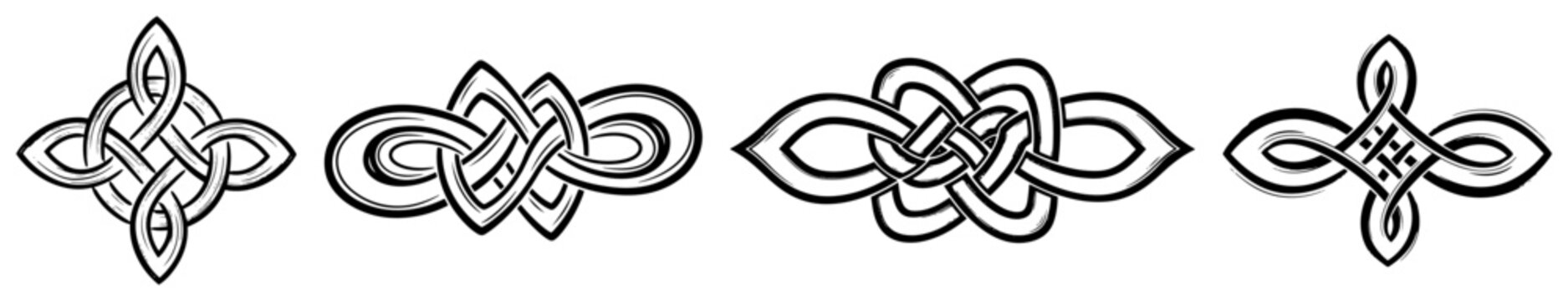 Celtic knot ornaments with intricate braided patterns and symmetrical shapes in clean outline style