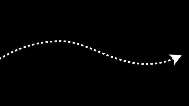 Animated white dotted s-curve path with arrowhead on black background, for motion and, ui line animation