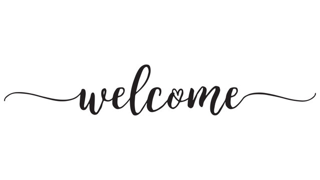Elegant handlettered welcome script text with flowing decorative swirls isolated on a clean white background for modern wedding or home decor