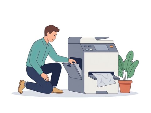 Man kneeling on floor and fixing a paper jam in a large office printer, office worker troubleshooting equipment, flat
