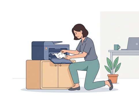 Woman kneeling on floor and removing crumpled paper from a desktop printer, office worker fixing a paper jam, flat