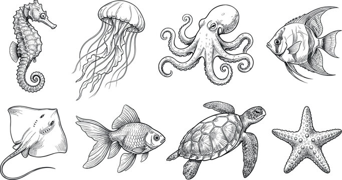 Hand drawn sketch sea creatures vector illustration set with turtle octopus jellyfish seahorse starfish stingray and fish isolated on white background