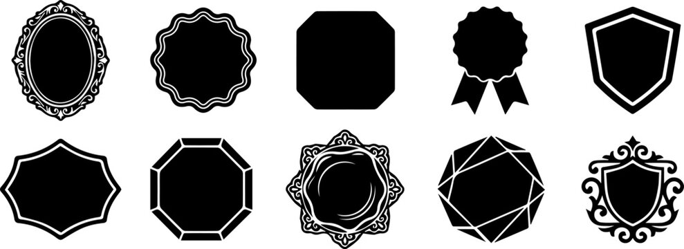 Set of ten decorative black vintage labels and ornate badges for product branding and design elements