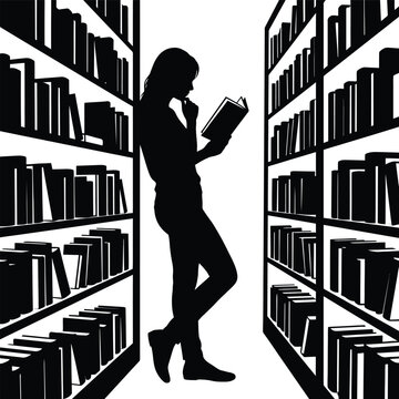 Silhouette of a Woman Reading a Book Between Library Bookshelves