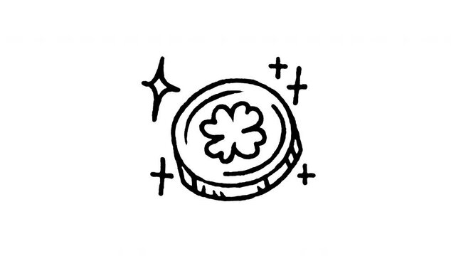 Animated 4K gold coin with four leaf clover doodle icon. Hand drawn line art on black and green screen chroma key background for Irish lucky coin, treasure fortune, St. Patrick's Day gold edits.