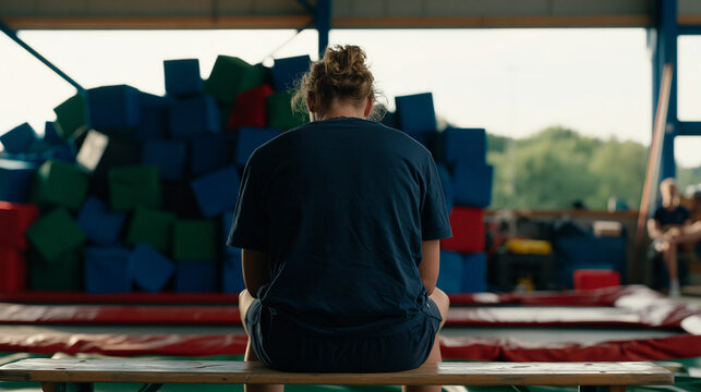 A trampoline park safety monitor sits alone on a bench in a quiet countryside equipment shed after closing, foam pit blocks piled behind her, the aftermath atmosphere suggesting an emotionally drain