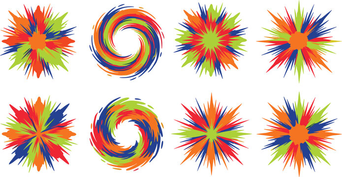 Abstract colorful explosion burst icon set vector illustration vibrant color paint splash holi powder swirl starburst element collection isolated on white background