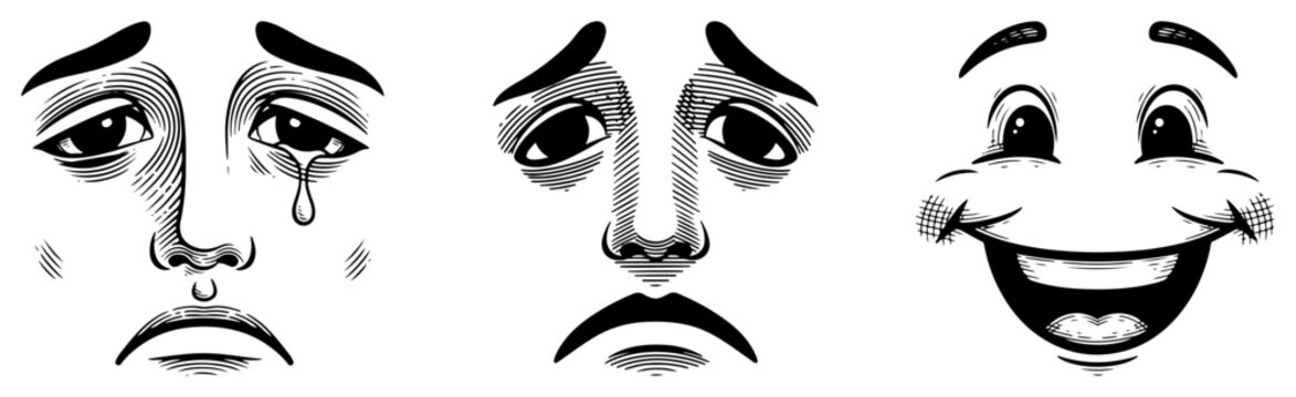 Human faces set with happy and sad expressions in hand drawn engraving style