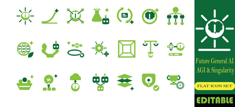 Artificial general intelligence and singularity icon set. AGI core, recursive self improvement, post scarcity and guardian AI solid glyph vector symbols