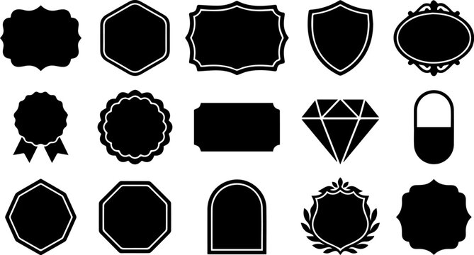 Set of various vintage decorative frames and labels in black silhouette style on white background