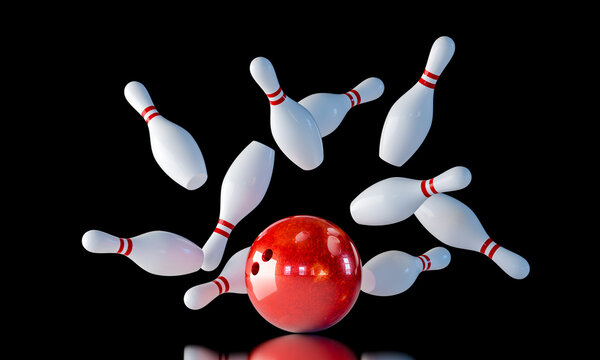 Bowling ball hitting pins 3d