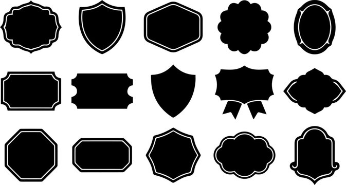 Collection of various vintage black decorative frames and heraldic shields isolated on a white background
