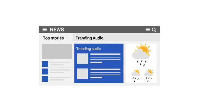 Minimalist News Website Interface Mockup with Weather Widget and Trending Audio Layout