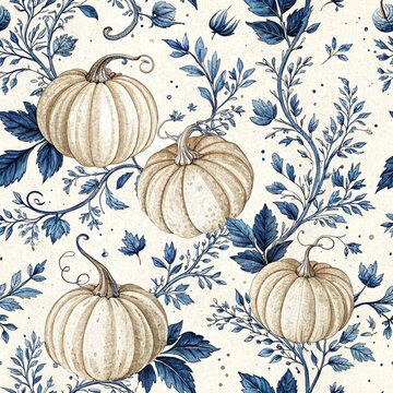 Navy Blue Pumpkin Patch Toile Digital Paper Pack with Seamless Watercolor Classic Autumn Patterns for Scrapbook Crafts