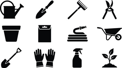 Black gardening tools and agriculture equipment icon set vector illustration featuring watering can trowel rake pruner flower pot seed packet hose wheelbarrow shovel gloves spray bottle seedling isola © DIPU