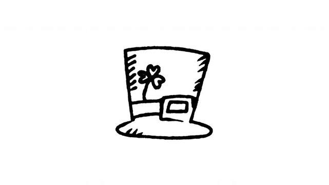 Animated 4K leprechaun buckle hat doodle icon with line boil effect. Hand drawn line art on black and green screen backgrounds for St. Patrick's Day green cap, Irish elf hat, festive party attire.