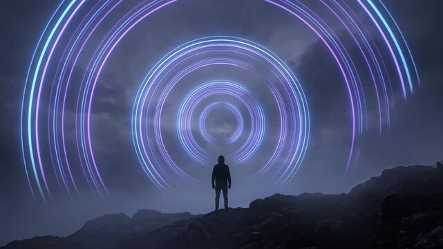 Silhouette of a person standing on rocks with glowing circular light patterns in the sky