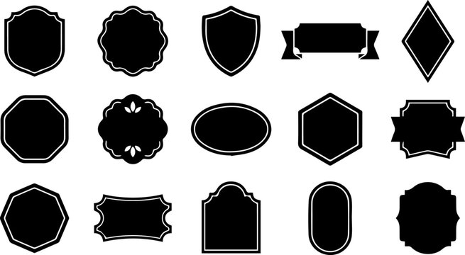 Set of various vintage ornamental frames and decorative badges in black silhouette style on white background