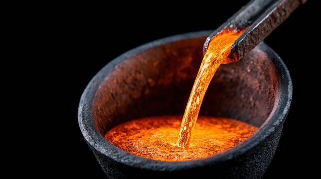 Molten Metal Poured into Crucible, Intense Heat and Glowing Orange Liquid Forge Casting Process