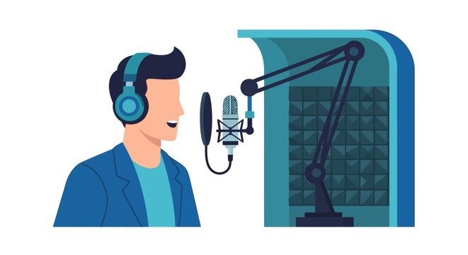 Male Podcaster Recording Audio in Professional Studio Flat Vector Illustration