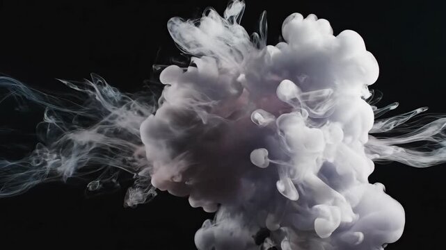White smoke cloud or ink explosion isolated on a black background, creating abstract shapes and dynamic motion