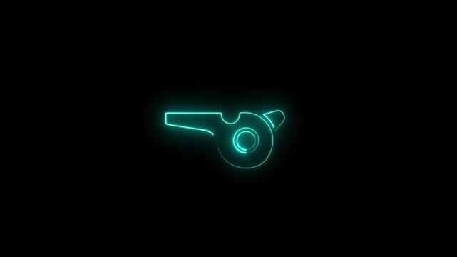 Neon glowing whistle animation on black background, for sports and, referee concepts.