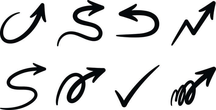 Set of black hand drawn curved arrows wavy pointers loop swishes and checkmark icon collection vector illustration isolated on white background