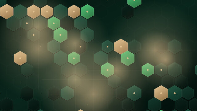 Futuristic hexagon pattern background, abstract digital honeycomb grid with glowing light effects, dark green and gold geometric tech wallpaper